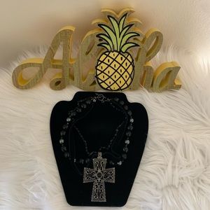 Cross Bead and Velvet Layered Necklace